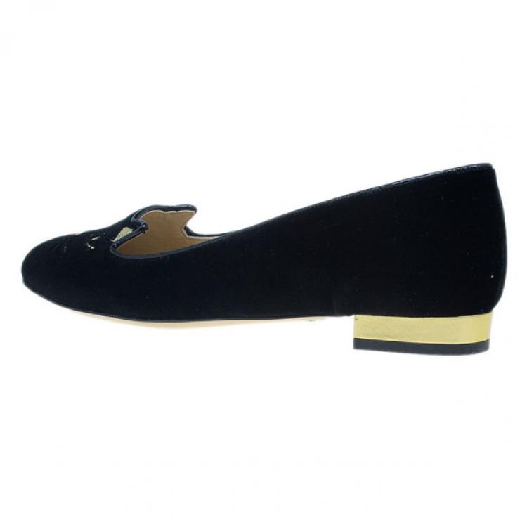 Pre Owned Charlotte Olympia Black Kitty Embroidered Velvet Flats Size 39