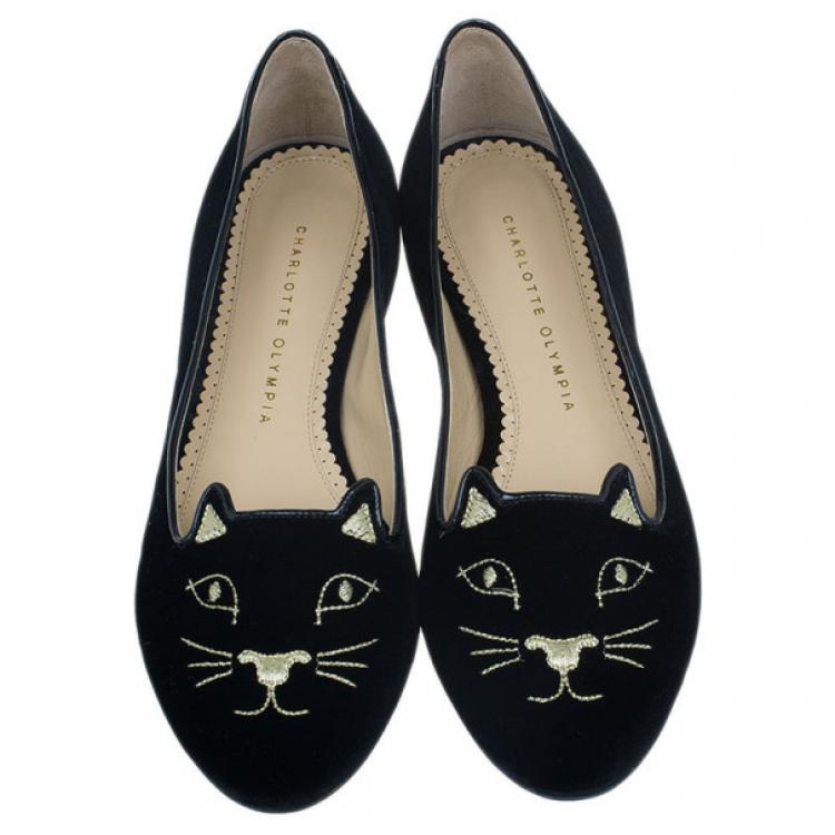 Pre Owned Charlotte Olympia Black Kitty Embroidered Velvet Flats Size 39