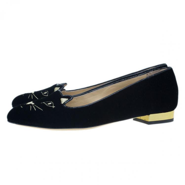 Pre Owned Charlotte Olympia Black Kitty Embroidered Velvet Flats Size 39