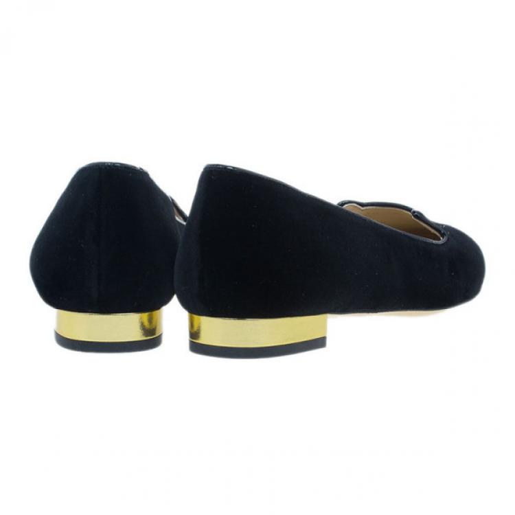 Pre Owned Charlotte Olympia Black Kitty Embroidered Velvet Flats Size 39