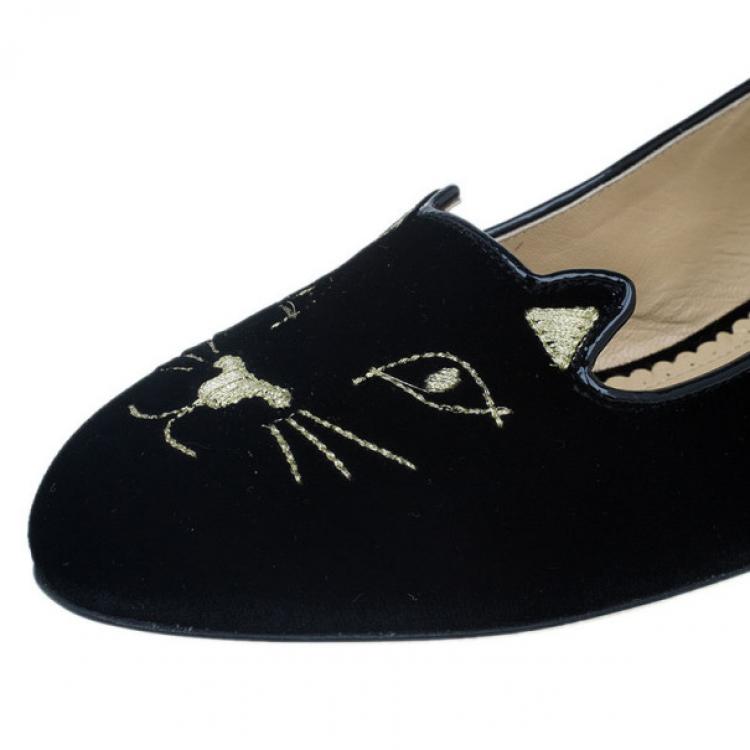 Pre Owned Charlotte Olympia Black Kitty Embroidered Velvet Flats Size 39