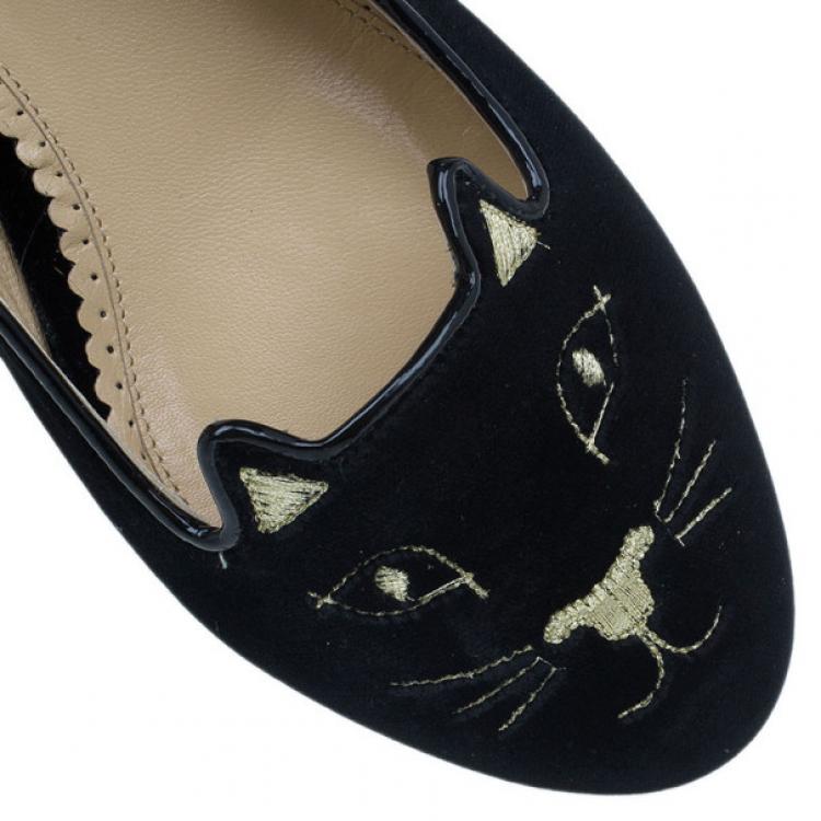 Pre Owned Charlotte Olympia Black Kitty Embroidered Velvet Flats Size 39