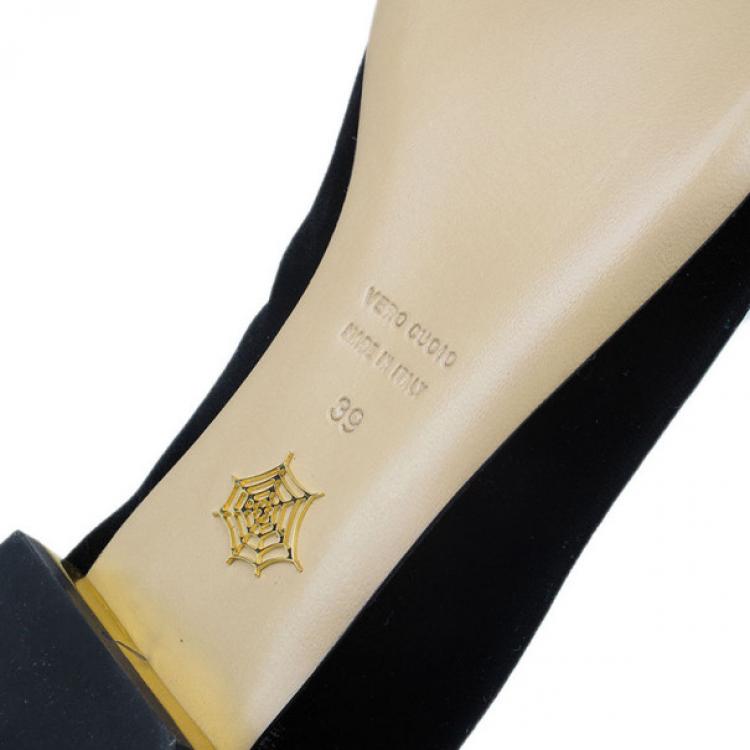 Pre Owned Charlotte Olympia Black Kitty Embroidered Velvet Flats Size 39