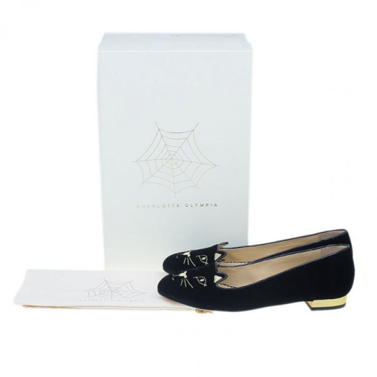 Pre Owned Charlotte Olympia Black Kitty Embroidered Velvet Flats Size 39