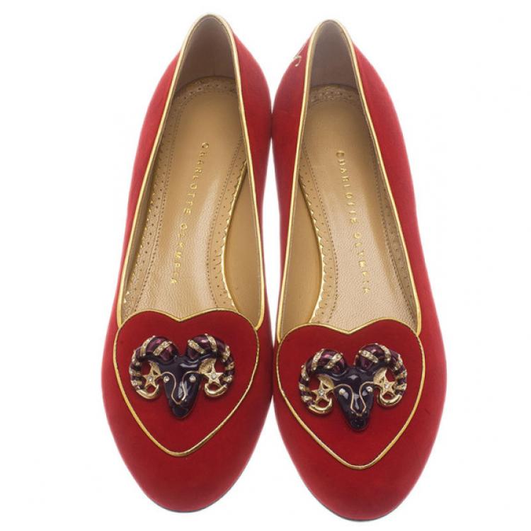 Pre Owned Charlotte Olympia Red Suede Aries Smoking Slippers Size 37