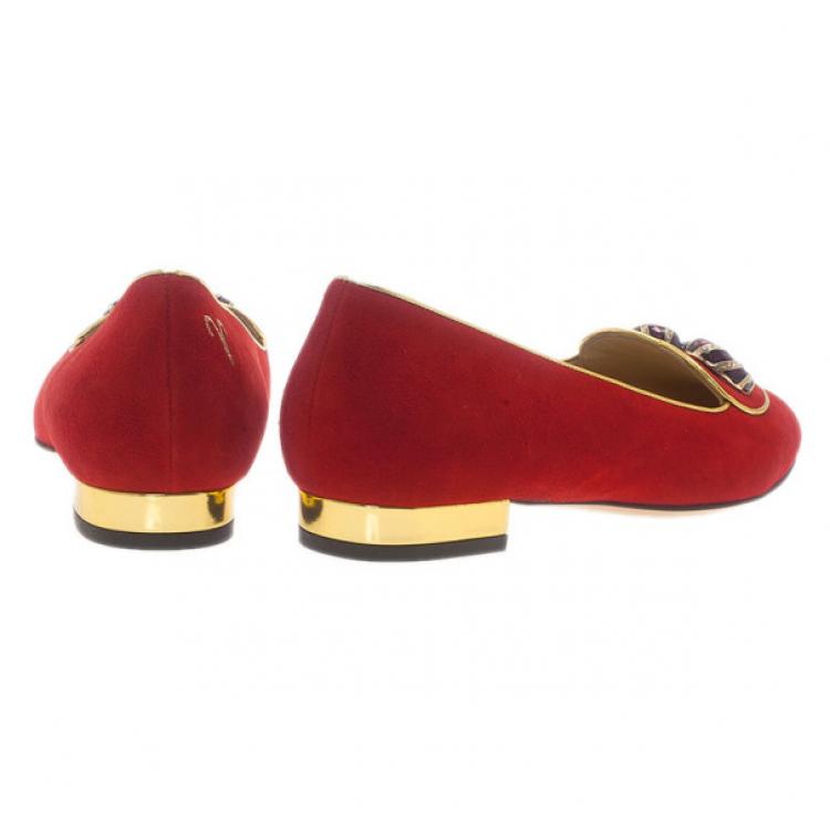Pre Owned Charlotte Olympia Red Suede Aries Smoking Slippers Size 37