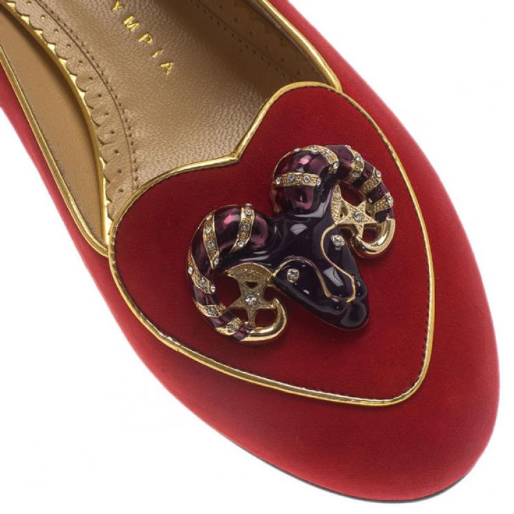 Pre Owned Charlotte Olympia Red Suede Aries Smoking Slippers Size 37