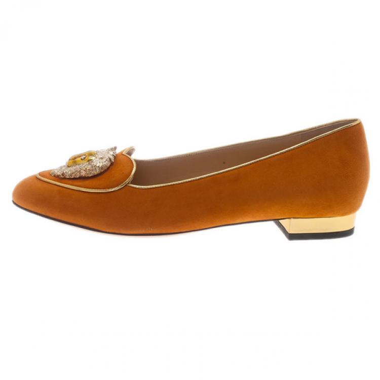 Pre Owned Charlotte Olympia Orange Suede Leo Smoking Slippers Size 39