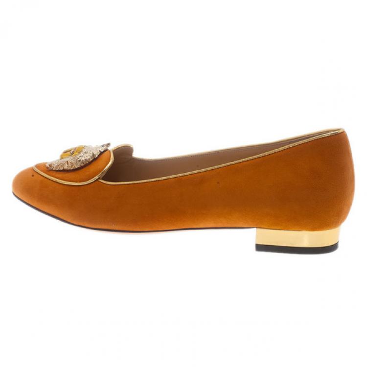Pre Owned Charlotte Olympia Orange Suede Leo Smoking Slippers Size 39