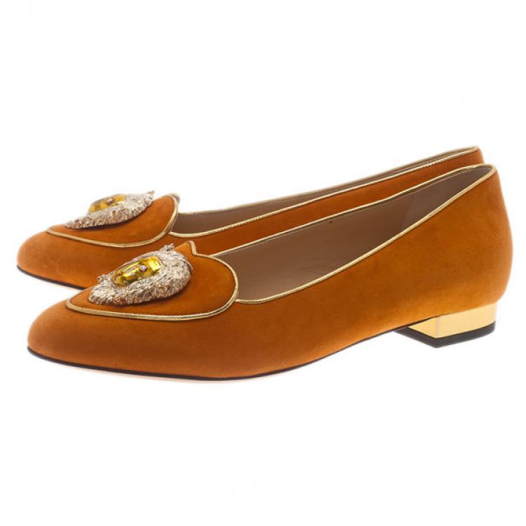 Pre Owned Charlotte Olympia Orange Suede Leo Smoking Slippers Size 39