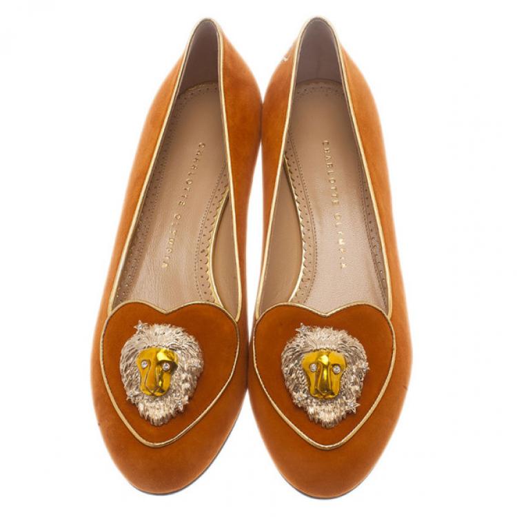 Pre Owned Charlotte Olympia Orange Suede Leo Smoking Slippers Size 39