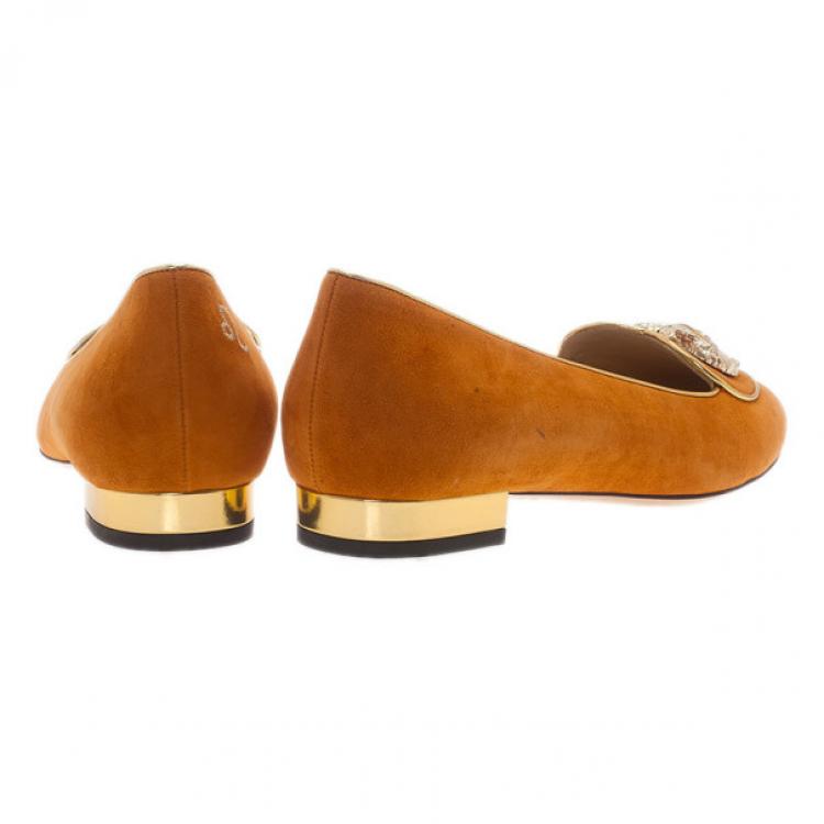 Pre Owned Charlotte Olympia Orange Suede Leo Smoking Slippers Size 39