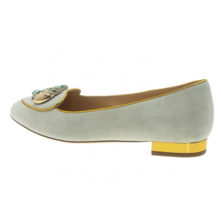 Pre Owned Charlotte Olympia Grey Suede Aquarius Smoking Slippers Size 37.5