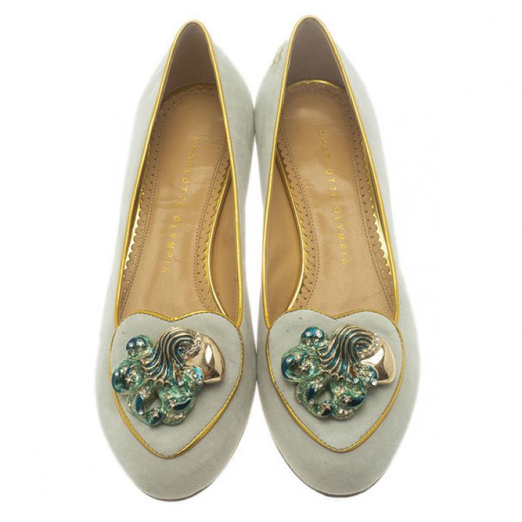 Pre Owned Charlotte Olympia Grey Suede Aquarius Smoking Slippers Size 37.5