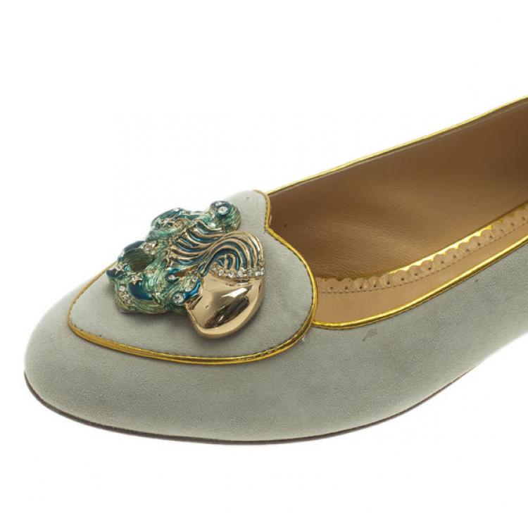 Pre Owned Charlotte Olympia Grey Suede Aquarius Smoking Slippers Size 37.5