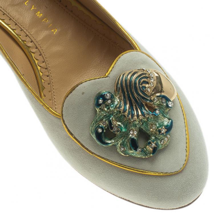 Pre Owned Charlotte Olympia Grey Suede Aquarius Smoking Slippers Size 37.5