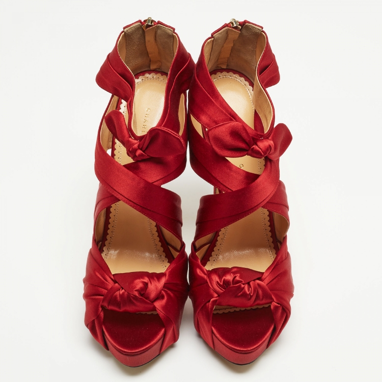 مملوكة مسبقًا Charlotte Olympia Red Satin Andrea Knotted Platform Sandals Size 41