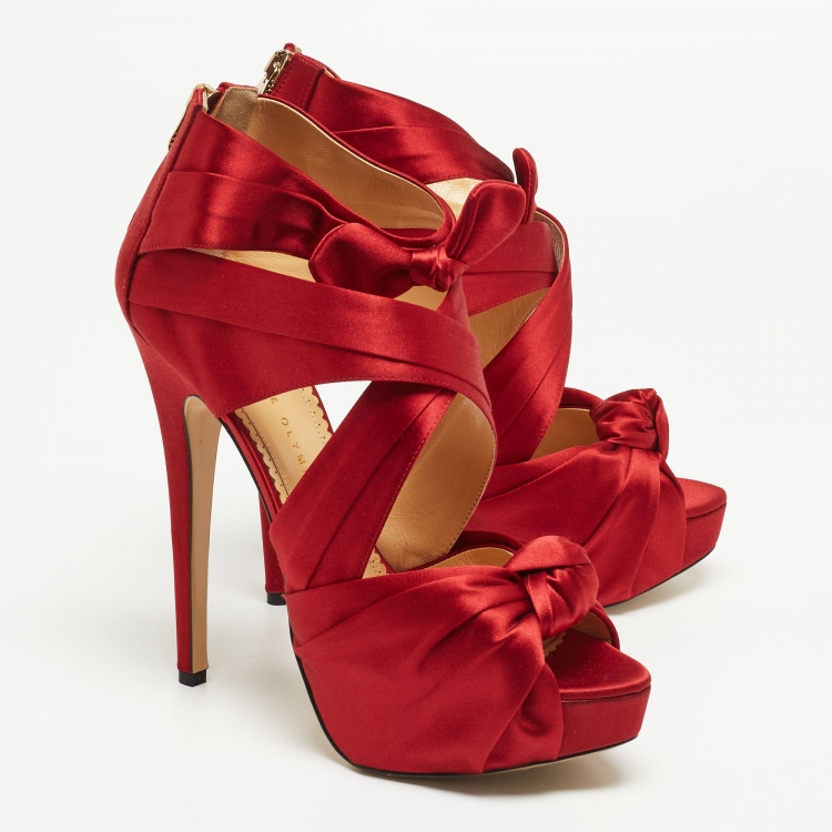 مملوكة مسبقًا Charlotte Olympia Red Satin Andrea Knotted Platform Sandals Size 41