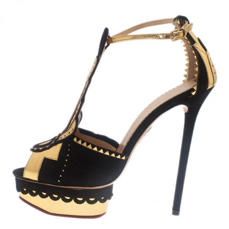 Pre Owned Charlotte Olympia Sunset Metallic Leather and Suede Platform Sandals Size 38.5