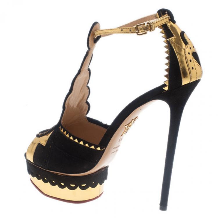 Pre Owned Charlotte Olympia Sunset Metallic Leather and Suede Platform Sandals Size 38.5