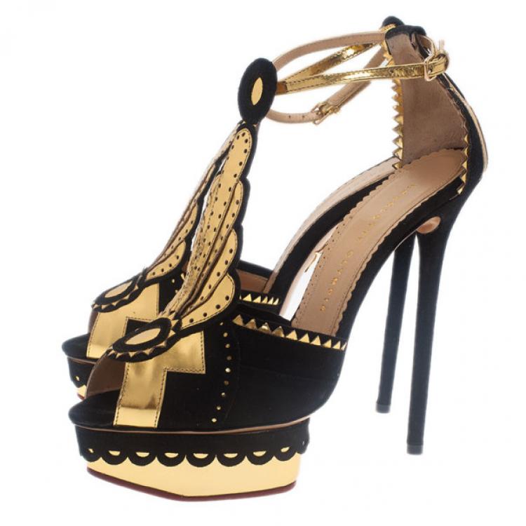 Pre Owned Charlotte Olympia Sunset Metallic Leather and Suede Platform Sandals Size 38.5