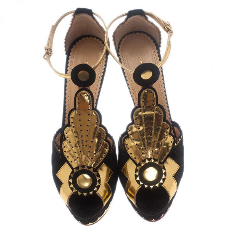 Pre Owned Charlotte Olympia Sunset Metallic Leather and Suede Platform Sandals Size 38.5