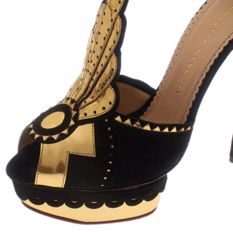 Pre Owned Charlotte Olympia Sunset Metallic Leather and Suede Platform Sandals Size 38.5