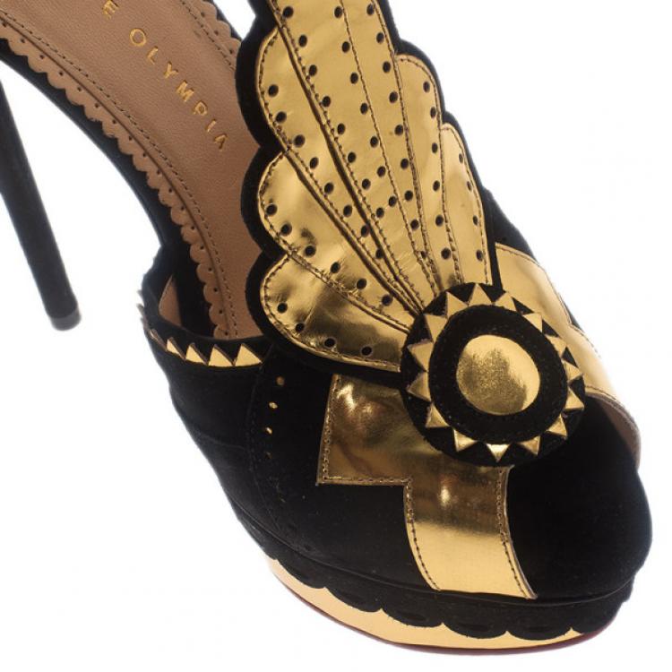 Pre Owned Charlotte Olympia Sunset Metallic Leather and Suede Platform Sandals Size 38.5