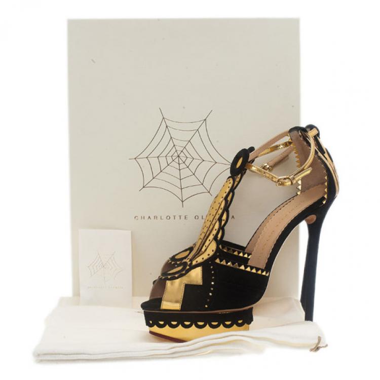 Pre Owned Charlotte Olympia Sunset Metallic Leather and Suede Platform Sandals Size 38.5