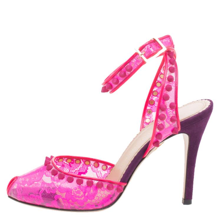 Pre Owned Charlotte Olympia Pink Studded Lace Print PVC And Suede Soho Peep Toe Sandals Size 36