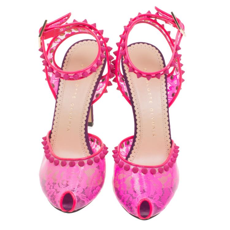 Pre Owned Charlotte Olympia Pink Studded Lace Print PVC And Suede Soho Peep Toe Sandals Size 36