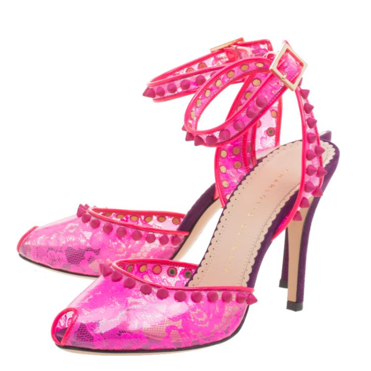 Pre Owned Charlotte Olympia Pink Studded Lace Print PVC And Suede Soho Peep Toe Sandals Size 36