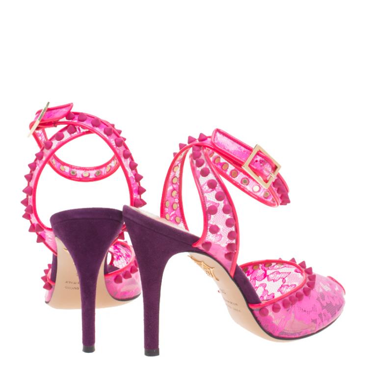 Pre Owned Charlotte Olympia Pink Studded Lace Print PVC And Suede Soho Peep Toe Sandals Size 36