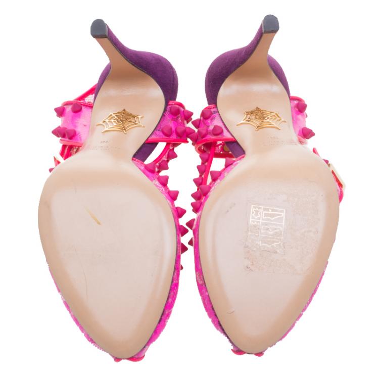 Pre Owned Charlotte Olympia Pink Studded Lace Print PVC And Suede Soho Peep Toe Sandals Size 36