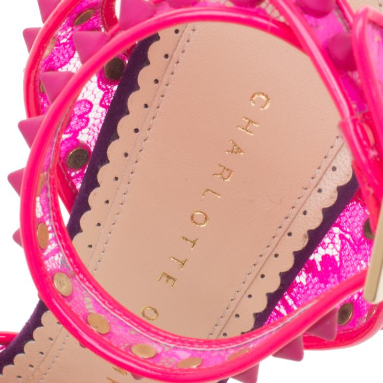 Pre Owned Charlotte Olympia Pink Studded Lace Print PVC And Suede Soho Peep Toe Sandals Size 36