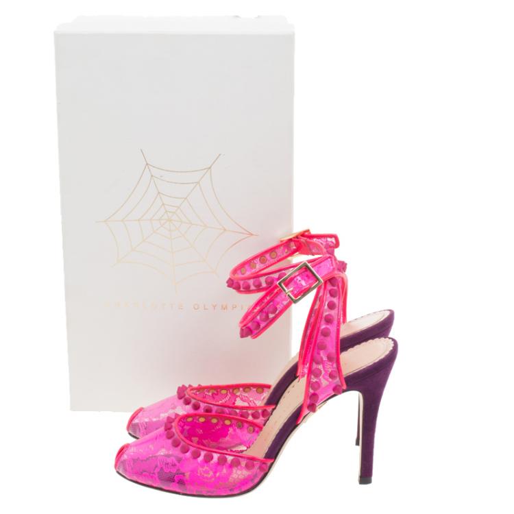 Pre Owned Charlotte Olympia Pink Studded Lace Print PVC And Suede Soho Peep Toe Sandals Size 36