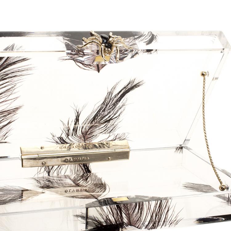 Pre Owned Charlotte Olympia Clear Feather Print Perspex Pandora Classic Box Clutch
