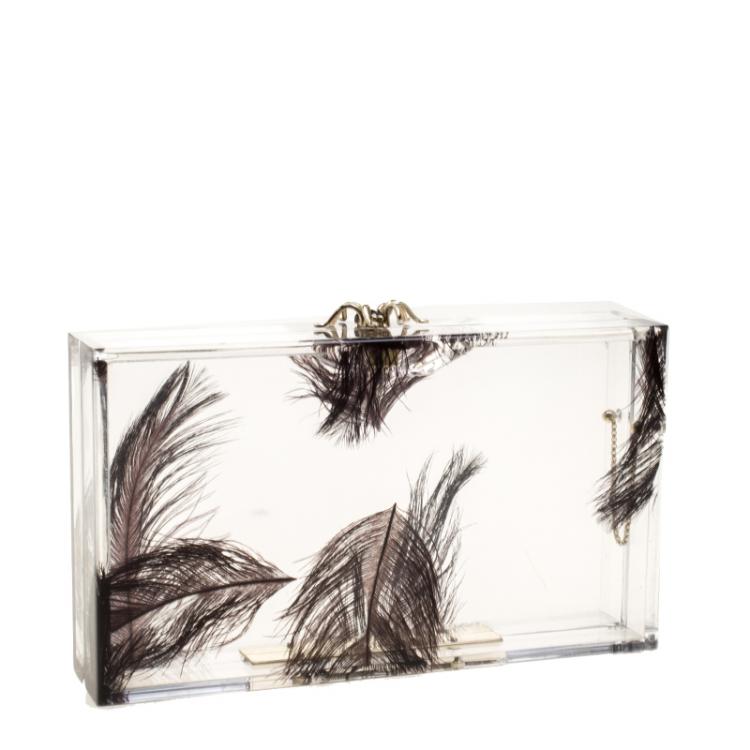 Pre Owned Charlotte Olympia Clear Feather Print Perspex Pandora Classic Box Clutch