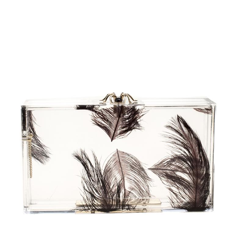Pre Owned Charlotte Olympia Clear Feather Print Perspex Pandora Classic Box Clutch