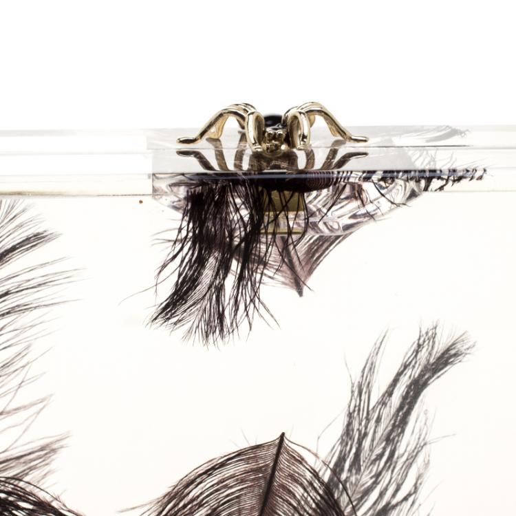 Pre Owned Charlotte Olympia Clear Feather Print Perspex Pandora Classic Box Clutch