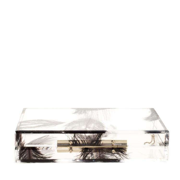 Pre Owned Charlotte Olympia Clear Feather Print Perspex Pandora Classic Box Clutch