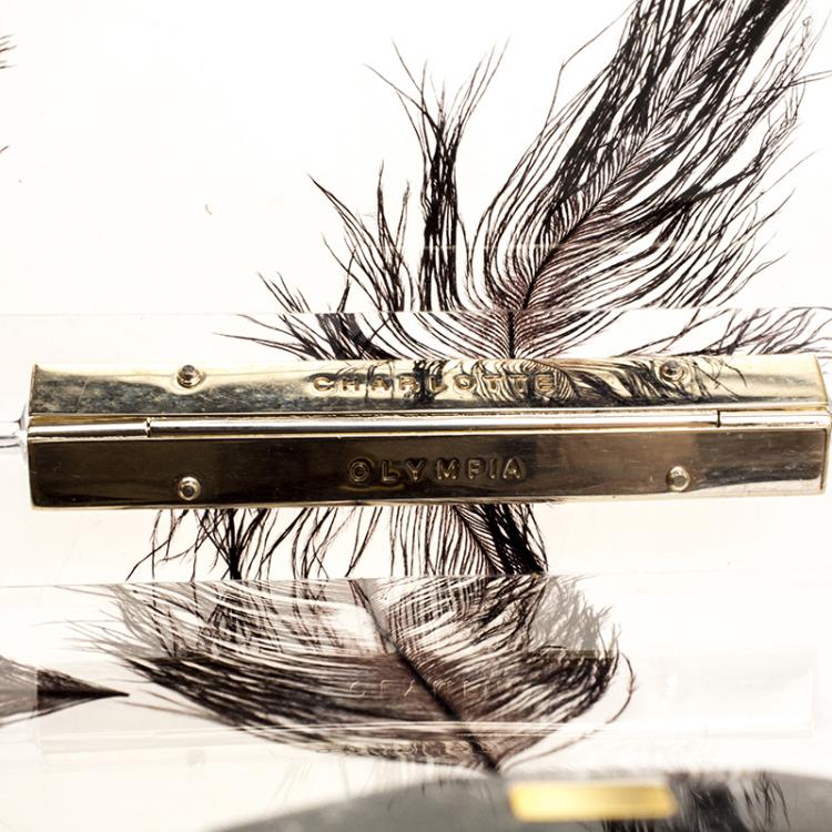 Pre Owned Charlotte Olympia Clear Feather Print Perspex Pandora Classic Box Clutch