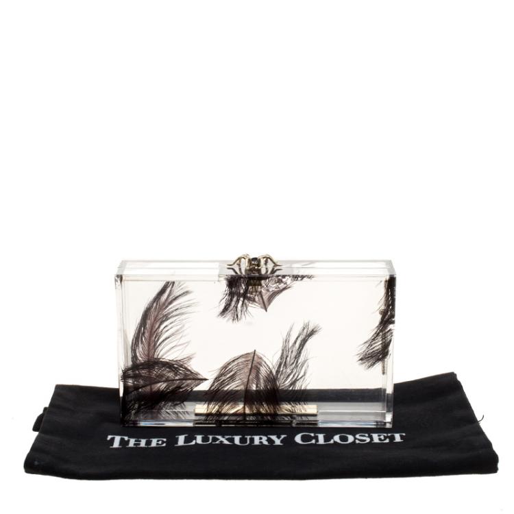 Pre Owned Charlotte Olympia Clear Feather Print Perspex Pandora Classic Box Clutch