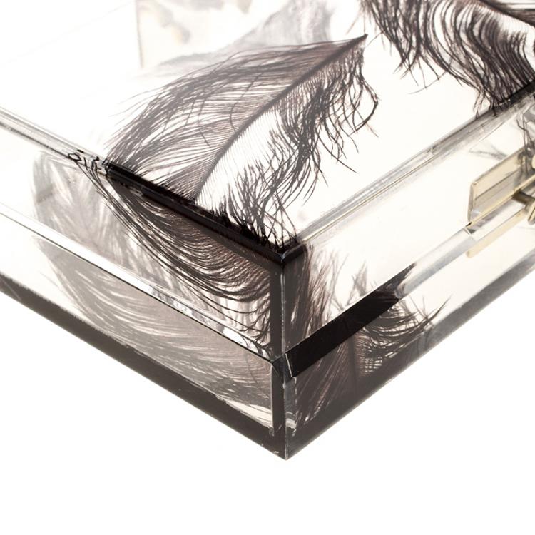 Pre Owned Charlotte Olympia Clear Feather Print Perspex Pandora Classic Box Clutch