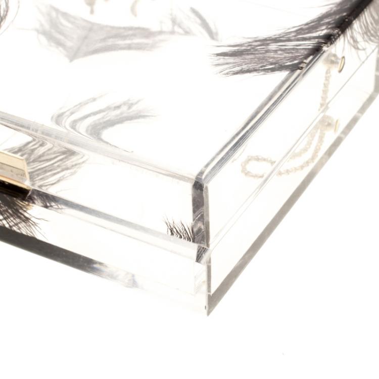 Pre Owned Charlotte Olympia Clear Feather Print Perspex Pandora Classic Box Clutch