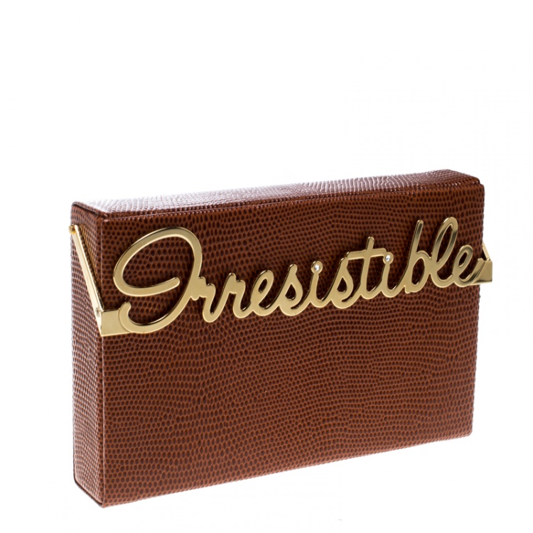 مملوكة مسبقًا Charlotte Olympia Brown LIzard Embossed Leather Irresistible Vanina Clutch
