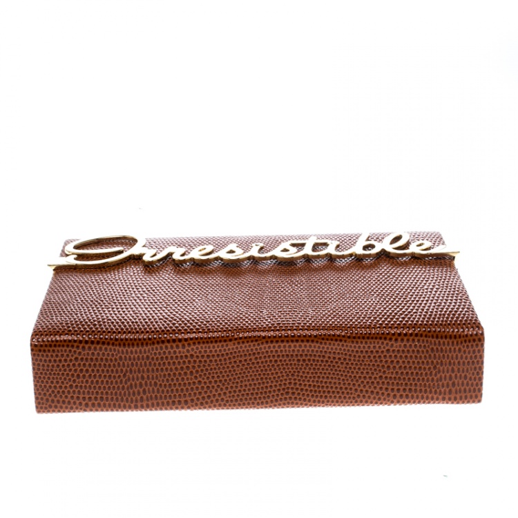 مملوكة مسبقًا Charlotte Olympia Brown LIzard Embossed Leather Irresistible Vanina Clutch