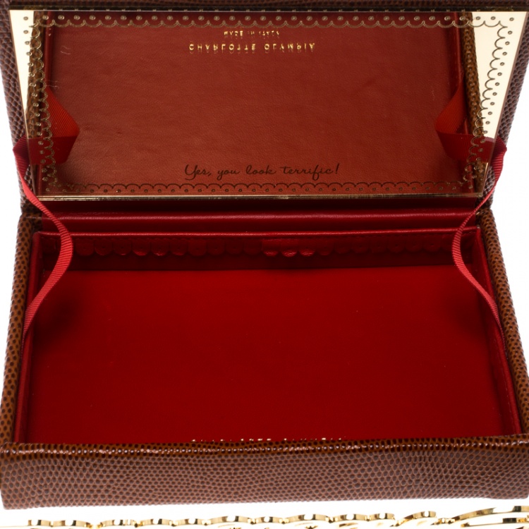 مملوكة مسبقًا Charlotte Olympia Brown LIzard Embossed Leather Irresistible Vanina Clutch