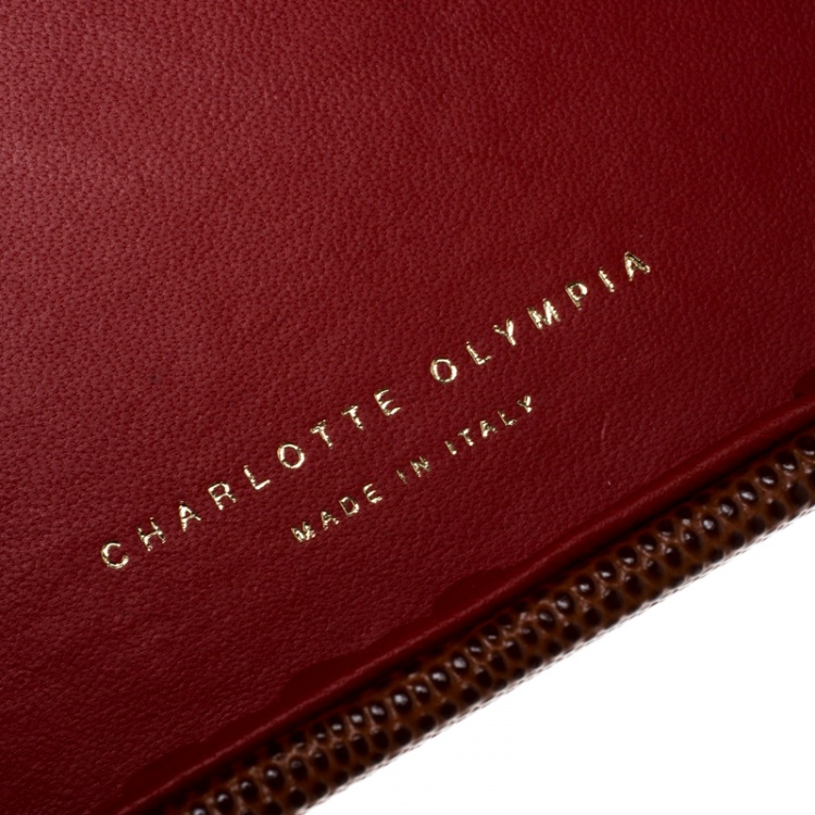 مملوكة مسبقًا Charlotte Olympia Brown LIzard Embossed Leather Irresistible Vanina Clutch