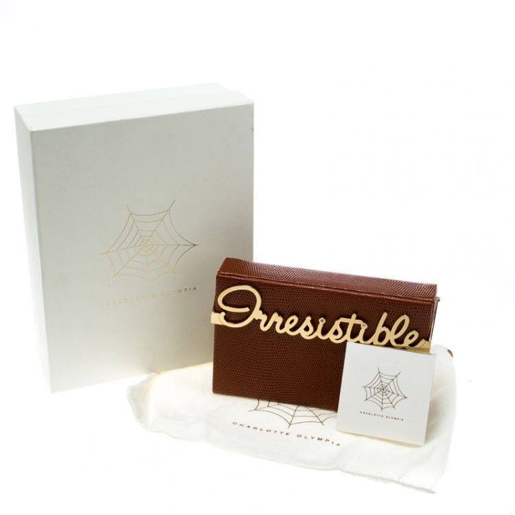 مملوكة مسبقًا Charlotte Olympia Brown LIzard Embossed Leather Irresistible Vanina Clutch